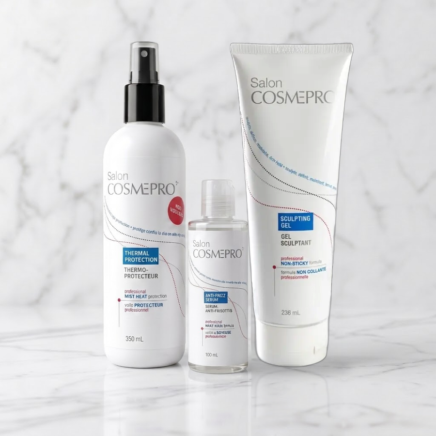 Salon Cosmepro – Pack Styling Pro : Spray Thermo-Protecteur, Gel Sculptant & Sérum Anti-Frisottis